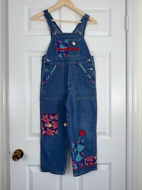 Vintage LL Bean Overalls with Colorful Floral Patches and Embroidery Girls Small